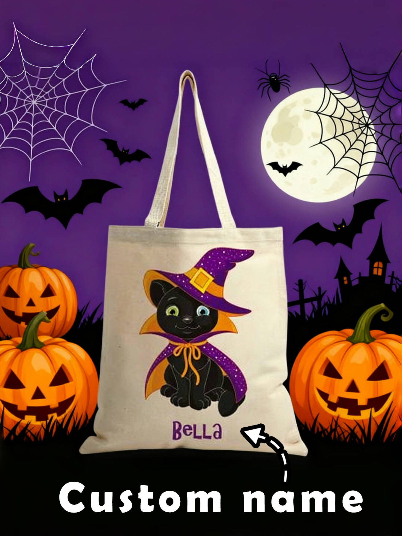Personalized Kitten Witch Halloween Tote
